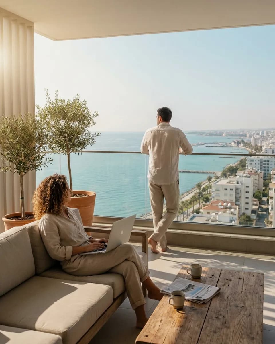 A couple on the terrace of a sea-view apartment in Limassol